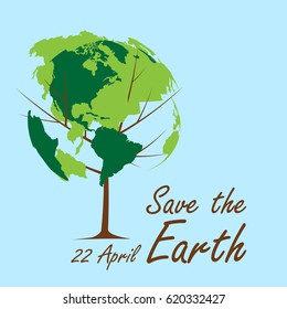 Vector illustration of a tree with leaves like continents and note 22 april save the Earth