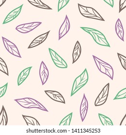 Vector illustration of tree leaves on beige background. Seamless pattern of classic style and soft colours. Flat design for design and textile products