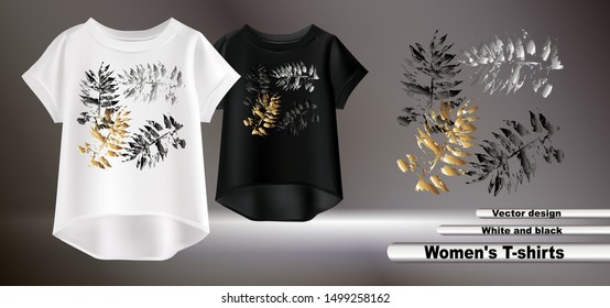 Vector illustration of tree leaves on women's t-shirts. Silhouettes of black, silver and gold leaves. Realistic illustration of women's clothing.