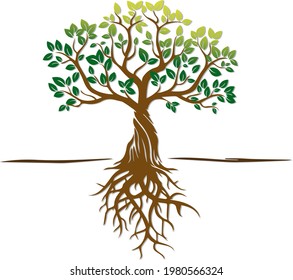 vector illustration - tree, leaves, twigs and roots