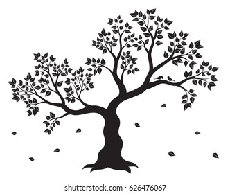 Vector Illustration Of Tree With Leaves And Two Birds In Black Color On White Background. Wall Sticker.