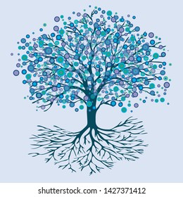 
A vector illustration of a tree of life with abstract round blue flowers 