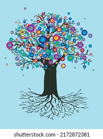 

A vector illustration of a tree of life with abstract round rainbow colored flowers. Also yggdrasil. The trunk is dark green and the background color is soft blue 