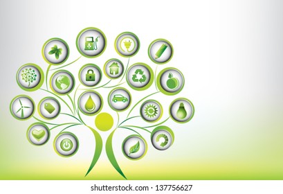 Vector illustration tree life with set of ecological,green,recycling button icons objects background.Conceptual design and elements.Use for website,banner,backdrop,brochure,template,leaflet,flyer