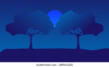 Vector illustration of a tree and a moon at night