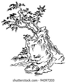 Vector illustration of tree in the mountains