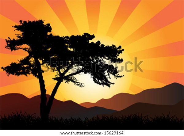 Vector Illustration Tree Mountains Sunset Stock Vector (Royalty Free ...