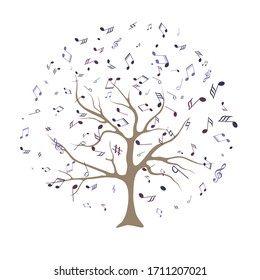 vector illustration of tree with musical notes for audio media concepts and designs Concept of inspiration and musical creation with the silhouette of a tree. Musical Tree. Vector