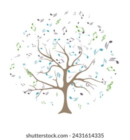 vector illustration of tree with musical notes for audio media concepts and designs Concept of inspiration and musical creation with the silhouette of a tree. Musical Tree. Vector