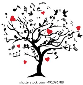 vector illustration of tree with musical notes, hearts, birds