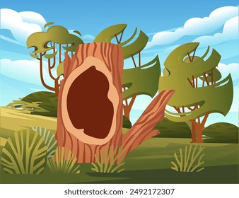 Vector illustration of tree with a noticeable hollow cavity in its trunk, set against green landscape with scattered trees and a blue sky. Suitable for wildlife, natural habitats, and outdoor scenes