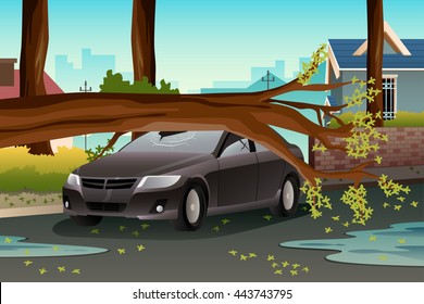 A vector illustration of tree on a damage car after heavy rain