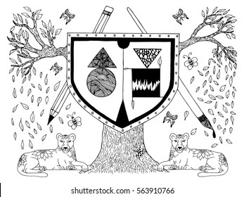 Vector illustration tree on which hangs a shield, and underneath are lionesses. Work done by hand. Book Coloring anti-stress for adults and children. Black and white.