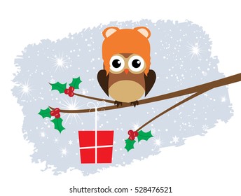 vector illustration of a tree with owl Christmas background
