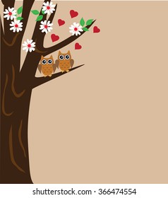 vector illustration of a tree with owls and hearts