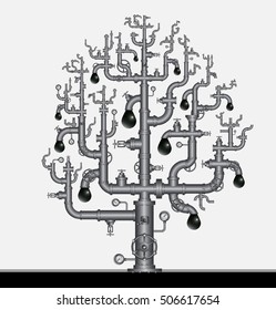 Vector illustration.
Tree from the pipeline with oil droplets.
Transportation, distribution and sale of oil.