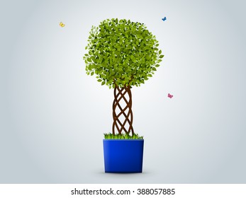 vector illustration. Tree in a pot. Green leaves, a designer trunk, grass, butterflies