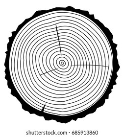 Vector illustration of tree ring background and saw cut tree trunk black silhouette. Conceptual graphics.