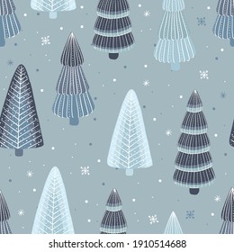 Vector illustration of tree seamless pattern with and fir-trees in winter time with snow, flat cartoon style.