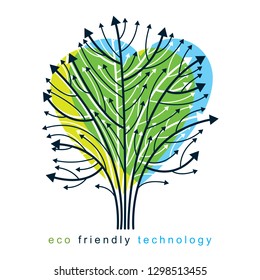 Vector illustration of tree in the shape of heart created with wireframe and arrows as branches. Green innovations theme.