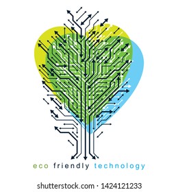 Vector illustration of tree in the shape of heart created with wireframe and arrows as branches. Green innovations theme.