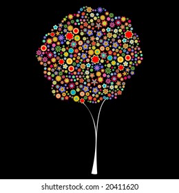 Vector illustration of tree shape made up a lot of  multicolored small flowers on the black background