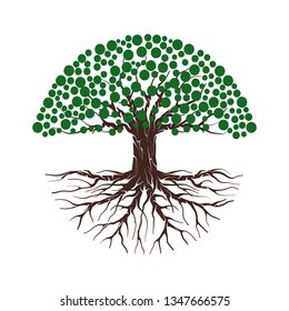 Vector illustration of a tree shape with roots and green leaves