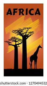 vector illustration of a tree silhouette of a baobab and a giraffe