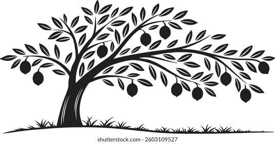 Vector illustration of a tree silhouette with floral elements and decorative branches