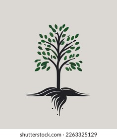 Vector illustration of tree silhouette with foliage and roots