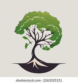 Vector illustration of tree silhouette with foliage and roots