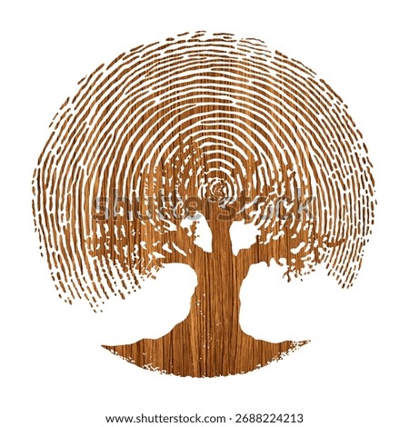 Vector illustration of tree silhouette integrated with fingerprint texture, symbolizing nature identity, ecology, environmental harmony, sustainability and connection between humanity and earth
