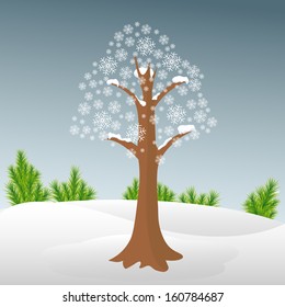 Vector illustration of tree in snow on winter background
