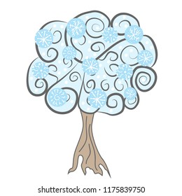 Vector illustration of a tree with snowflakes. Winter tree. Tree with snow. Christmas tree illustration. Design for T-shirts, postcards, cups.