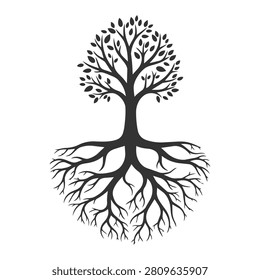 Vector illustration of a tree with sprawling roots and leafy branches, symbolizing growth and connection to nature, on a white background.