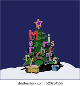 Vector illustration of tree with star and gift boxes letters forming words Merry Christmas