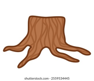 Vector illustration of a tree stump with detailed wood grain and roots in simple cartoon style. Great for outdoor-themed crafts, environmental visuals, storybook art, eco-friendly or forest visuals