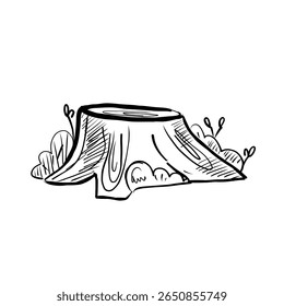 Vector illustration of a tree stump surrounded by grass and small plants in a natural setting