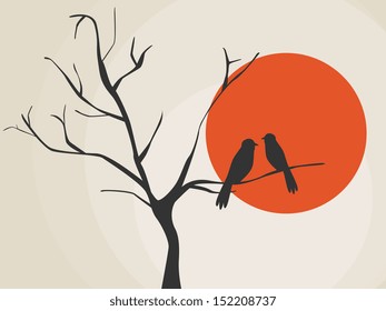 Vector illustration with tree, sun and birds