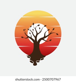 Ilustración vectorial de un árbol con la silueta de la puesta del sol, se puede utilizar para el logotipo, diseño de la camiseta, fondo.