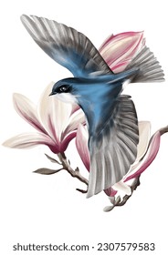 Vector illustration with tree swallow and magnolia branch on isolated background.