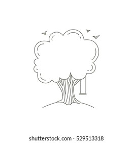 Vector illustration with tree and swing. Symbol of childhood and youth. Vector icon in flat line style