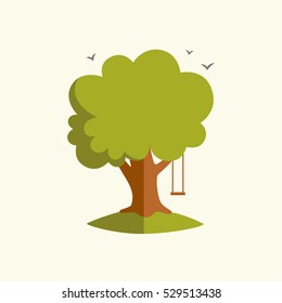 Vector illustration with tree and swing. Symbol of childhood and youth. Vector icon