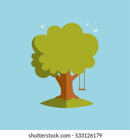 Vector illustration with tree and swing. Symbol of childhood and youth. Vector icon