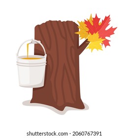 Vector illustration of the tree trunk with maple leaves and a bucket full of maple syrup. Process of producing Isolated on white background.