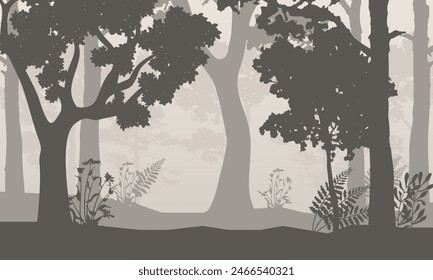 Vector illustration of tree trunks with branches in a foggy forest