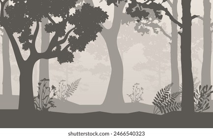 Vector illustration of tree trunks with branches in a foggy forest