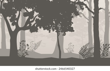 Vector illustration of tree trunks with branches in a foggy forest