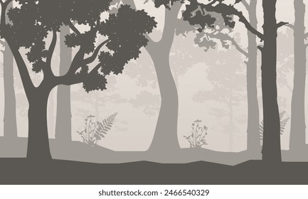 Vector illustration of tree trunks with branches in a foggy forest