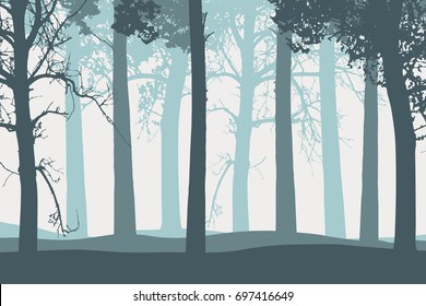 Vector illustration of tree trunks with branches in a foggy forest